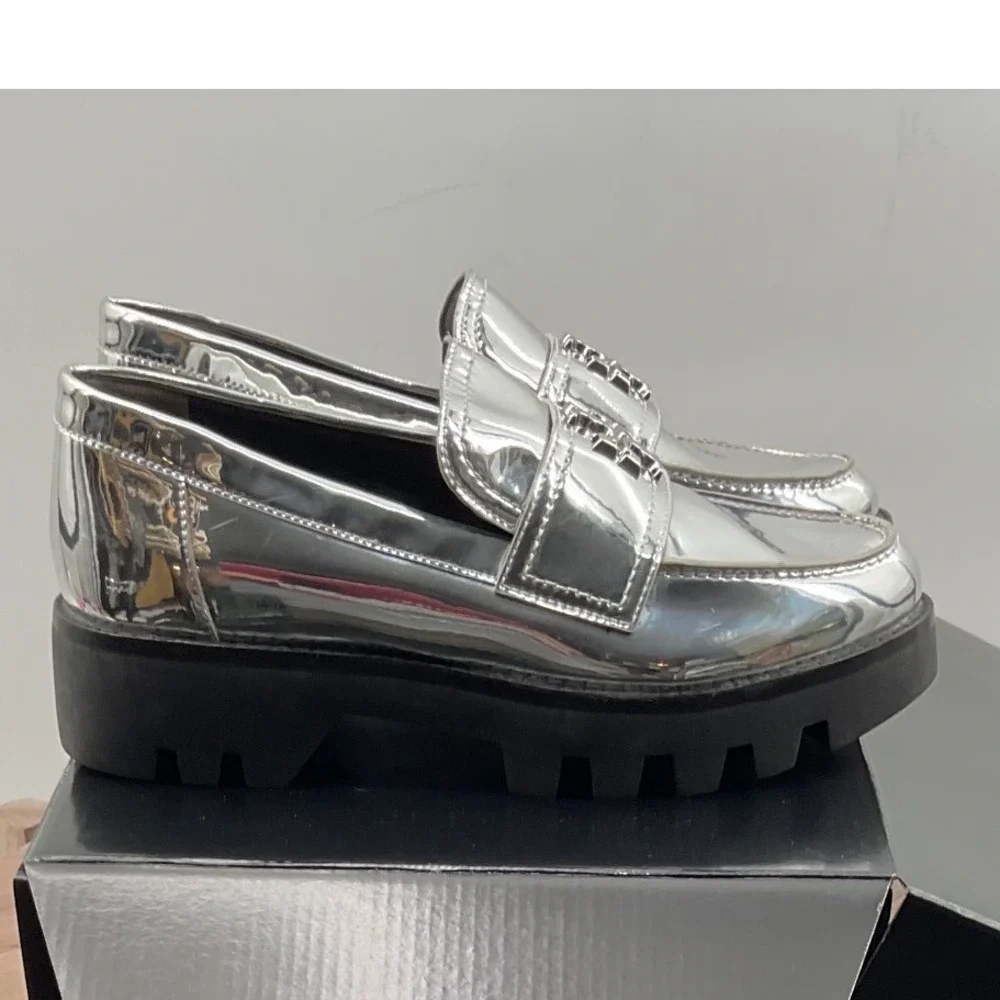 Tory Burch Metallic Silver Lug Sole Loafers Double T Logo Platform Shoes 6M
